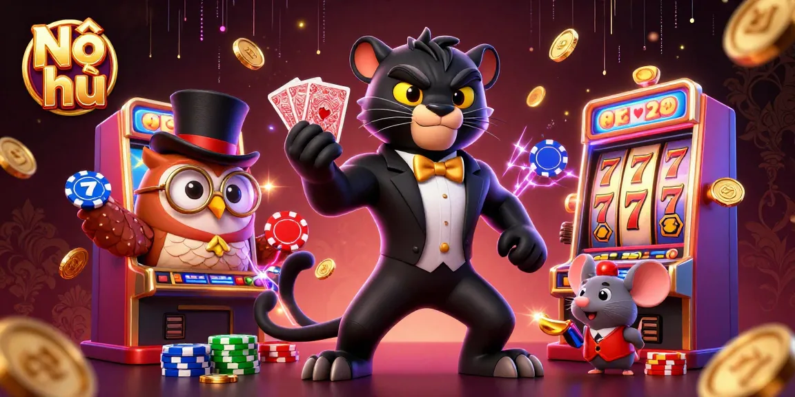 Nổ hũ spins the reels with vibrant characters, showcasing exciting slot game action in a dynamic illustration.