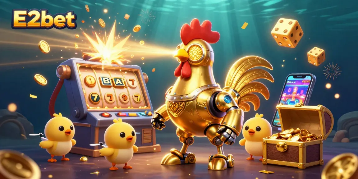 Engage in thrilling games with E2bet's colorful casino world, featuring vibrant slot machines and a golden rooster