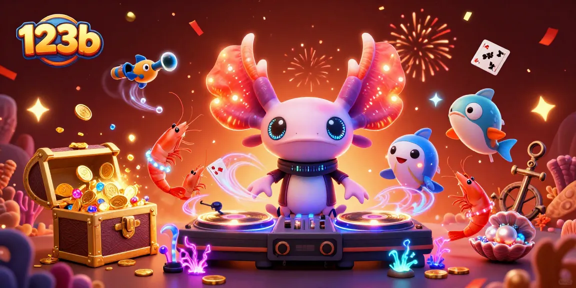 Spin and win big with 123b in this vibrant underwater casino scene featuring a DJ axolotl.