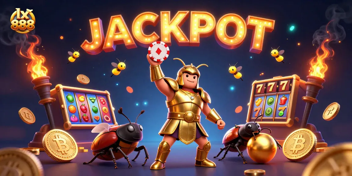 Experience the excitement at lx 888, featuring a victorious beetle in golden armor amid glowing casino elements.