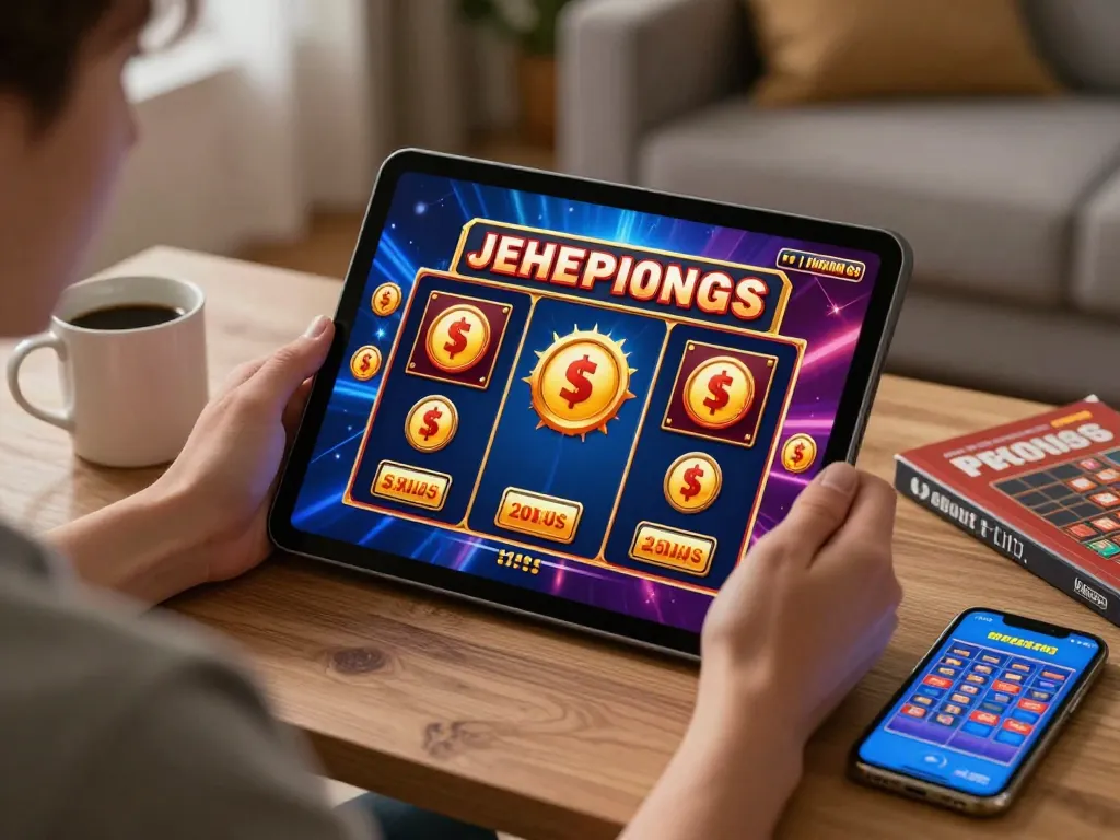 Pemain Bintangmpo menikmati permainan slot online di tablet dalam suasana rumah yang nyaman.