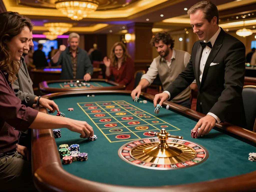 Kwin players placing bets at a vibrant roulette table in a luxurious casino atmosphere.