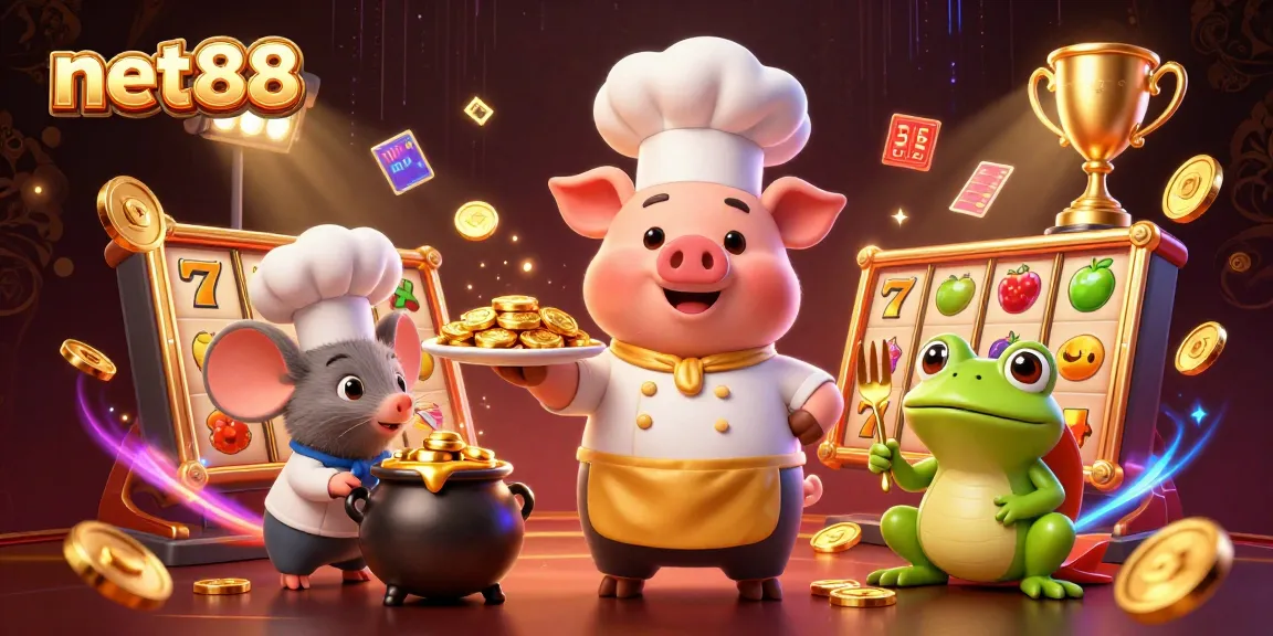Bet on net88 with gourmet gold coins, lively characters, and vibrant slot reels.