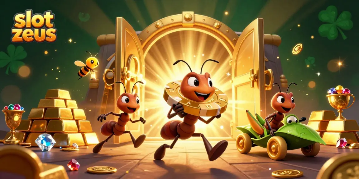 Spin the reels of slot zeus as cartoon ants pull off a golden heist, surrounded by treasures.