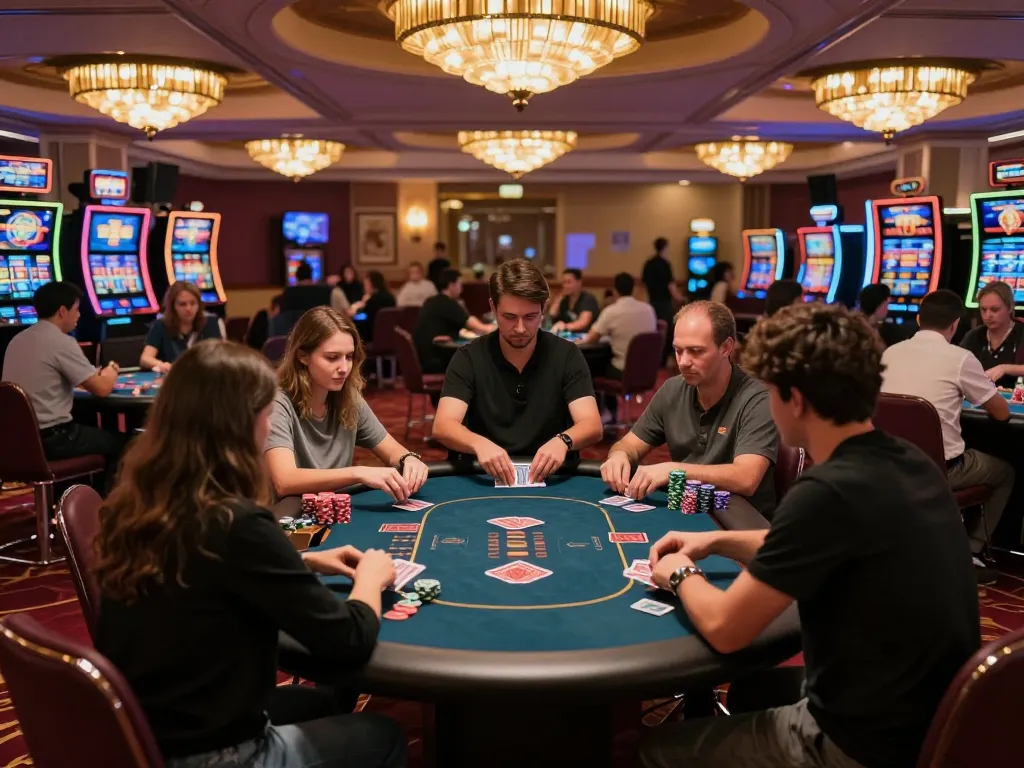 KJC poker action with players at tables, creating an immersive casino environment.