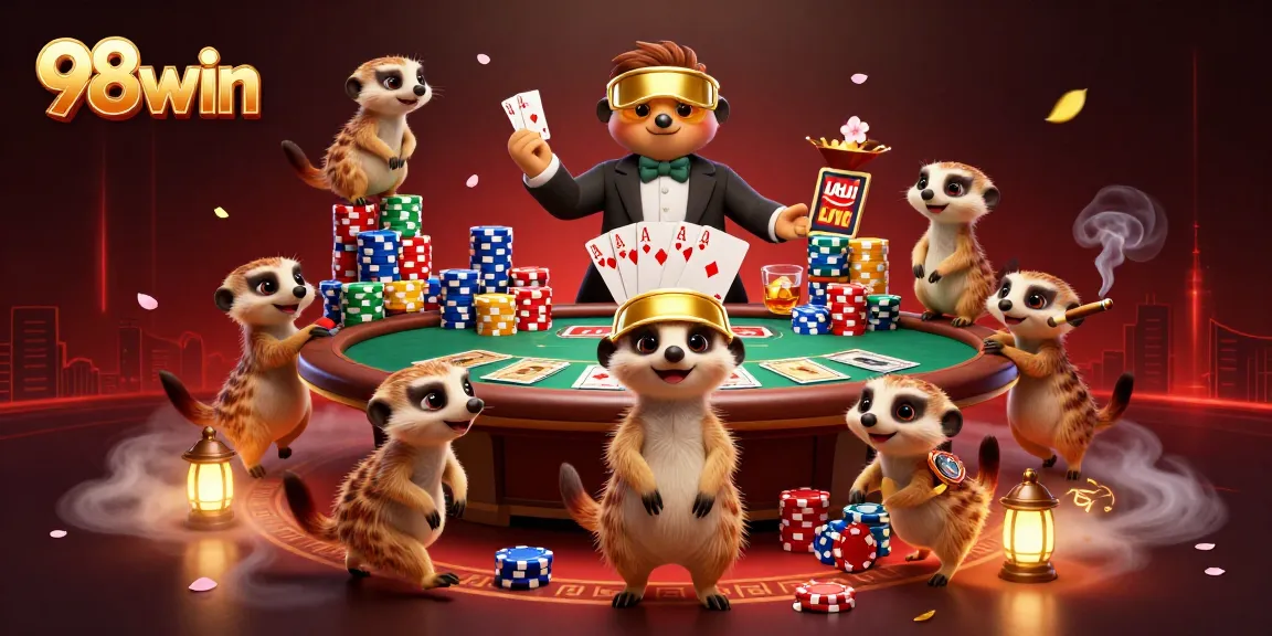 Meerkats managing a casino scene, showcasing actions and excitement from 98win gaming.
