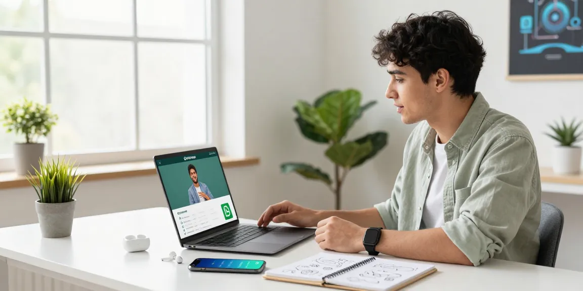 Young professional using WhatsApp網頁版 while working in a modern digital workspace.