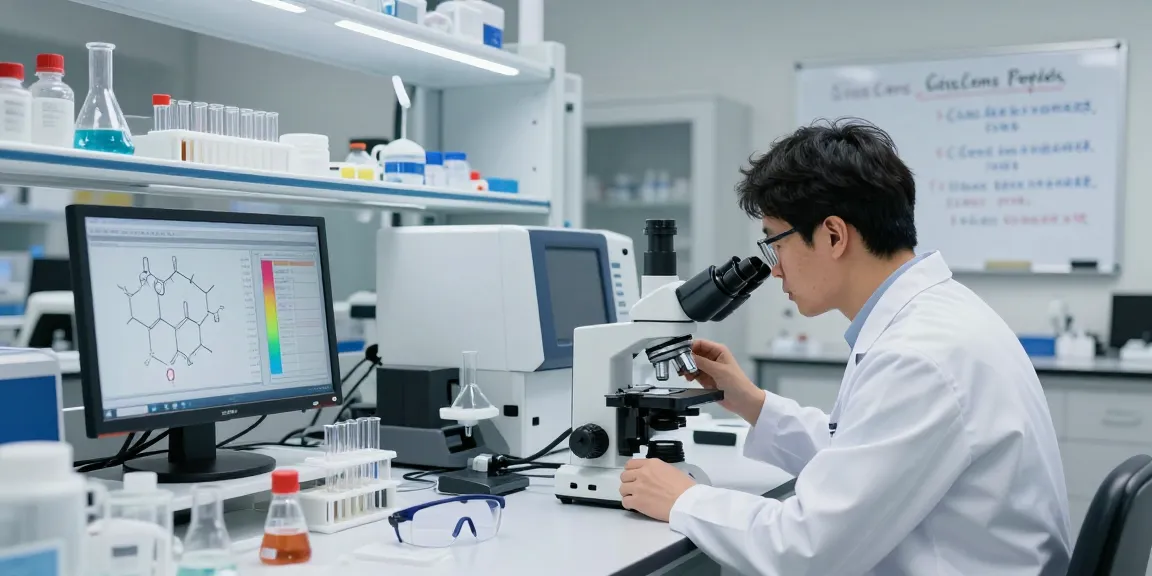 Researcher analyzing SwissChems Peptides in a modern laboratory, surrounded by advanced lab equipment.