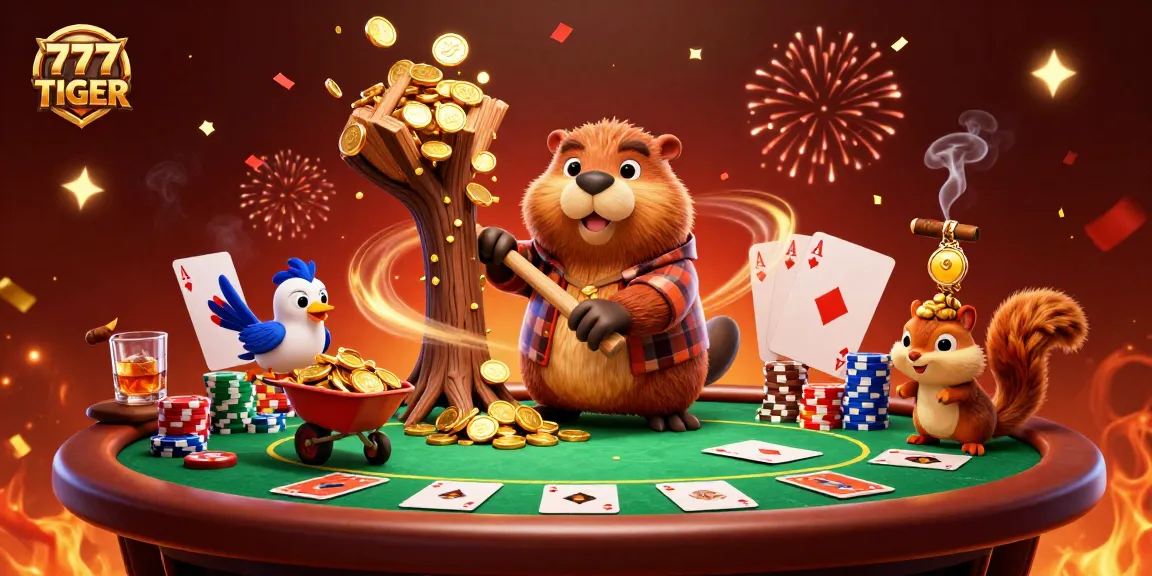 Immerse in the thrilling 777TIGER gaming atmosphere surrounded by playful characters and poker elements.