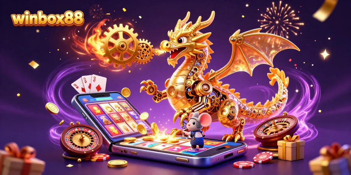 Winbox88 features a golden dragon and a mouse engineer surrounded by vibrant casino elements.