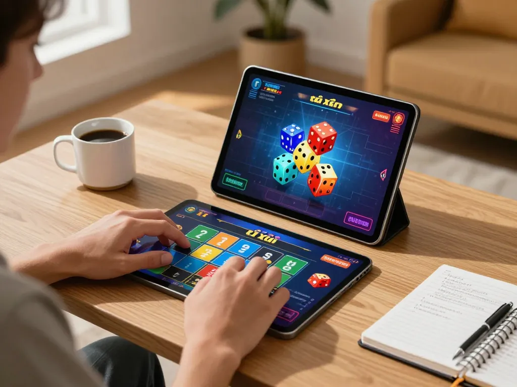 Person playing tài xỉu online on a tablet, showcasing virtual dice in an immersive gaming setting.