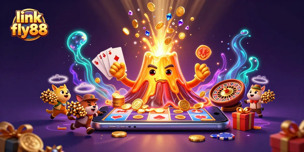Win big with the link fly88 in this vibrant casino-themed illustration featuring a golden volcano and treasure-hunting animals.