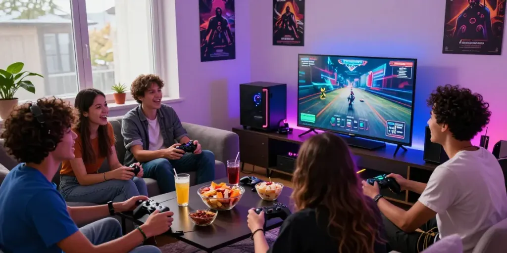 Exciting gaming night with friends at home enjoying multiplayer games on a big screen, showcasing camaraderie and fun.