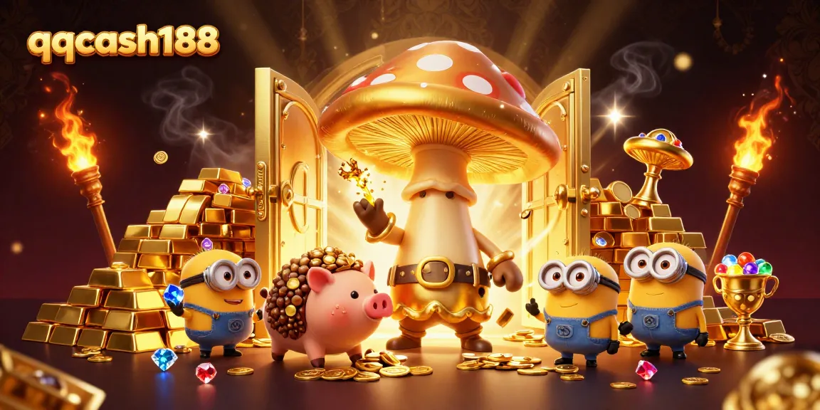Experience magical wins with qqcash188 in a 3D illustration of a golden wizard and treasures.