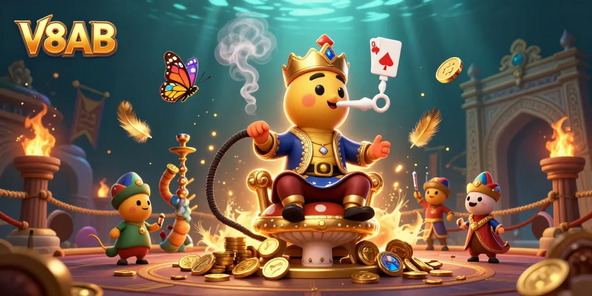 Engage with V8AB's vibrant casino experience, featuring a whimsical caterpillar character amidst gold coins and poker symbols.