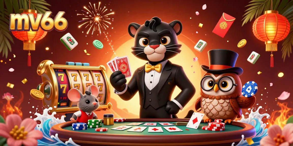 Experience thrilling gaming at mv66 with a black panther dealer, lucky owl, and mouse in a vibrant casino scene.