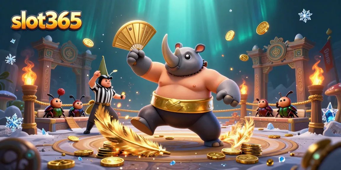 Experience thrilling gameplay at slot365 with a cartoon rhinoceros beetle champion, winning coins in an exciting arena.