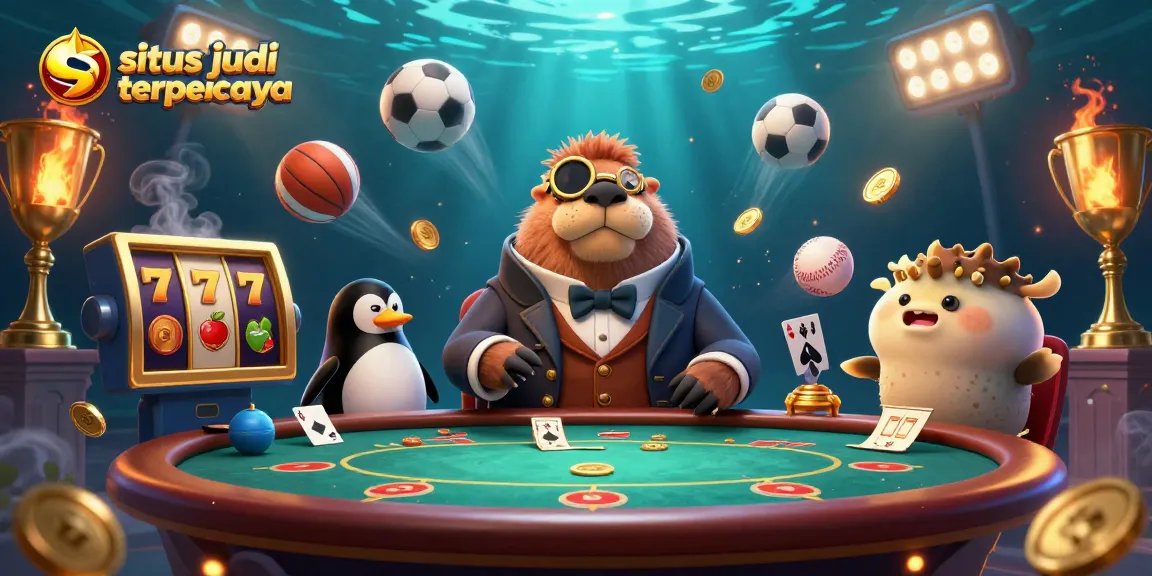 Gambarkan situs judi terpercaya dengan karakter ceria bermain poker di bawah laut.