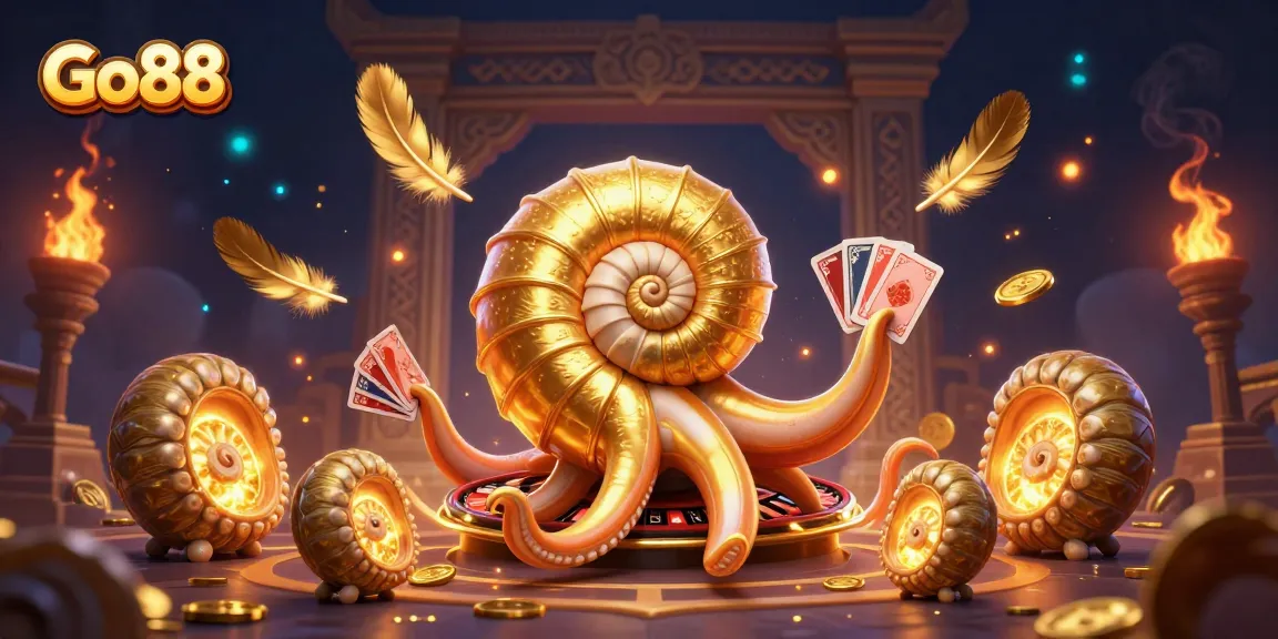 Immerse in Go88's thrilling casino adventure, featuring a giant nautilus with glowing cards in its tentacles.