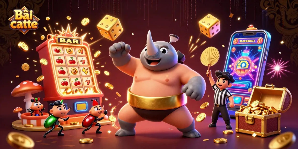 Bài catte gameplay illustration with a sumo beetle champion and vibrant casino elements.