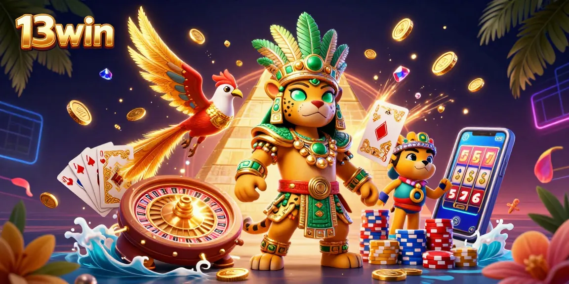 Experience winning at 13win with immersive 3D casino art showcasing vibrant game elements.