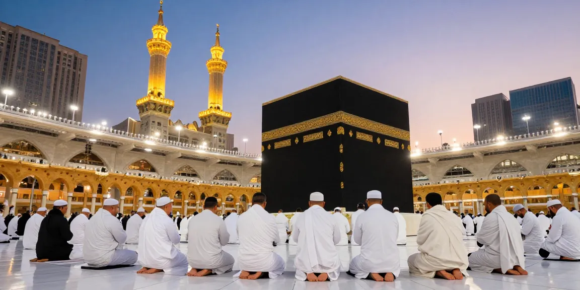 "Umroh Ramadhan pilgrimage at Masjidil Haram with worshippers reflecting spiritual tranquility during their journey."