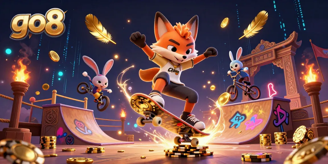 Capture the excitement of gaming at go8 with a vibrant 3D illustration combining adventure and casino themes.