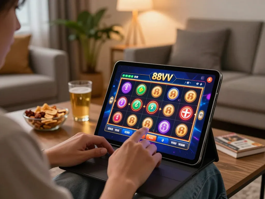 Engaging gaming on the 88vvgo app, vibrant slot game interface displayed on tablet.