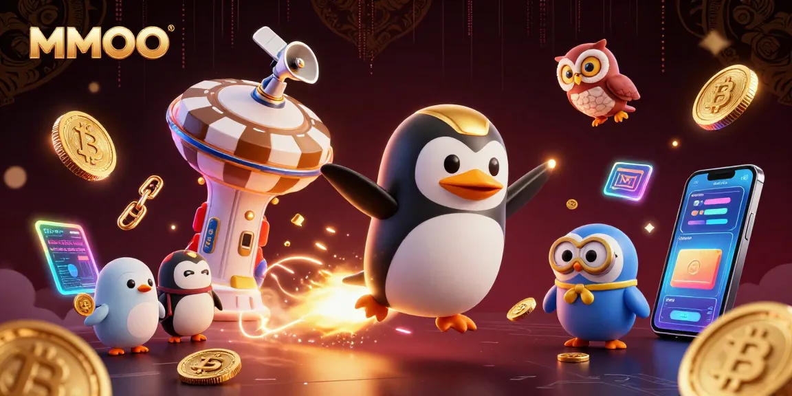 Experience MMOO with a golden penguin and cryptocurrency elements in a dynamic casino space.