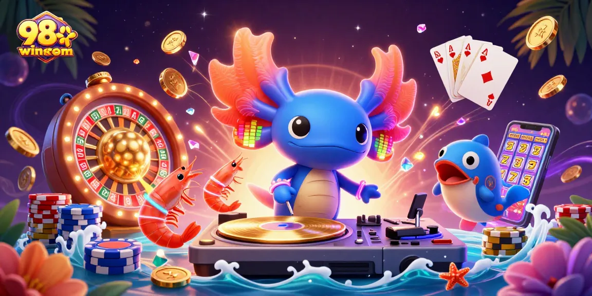 Experience thrilling entertainment at 98wincom's vibrant casino scene with colorful characters and dynamic elements.