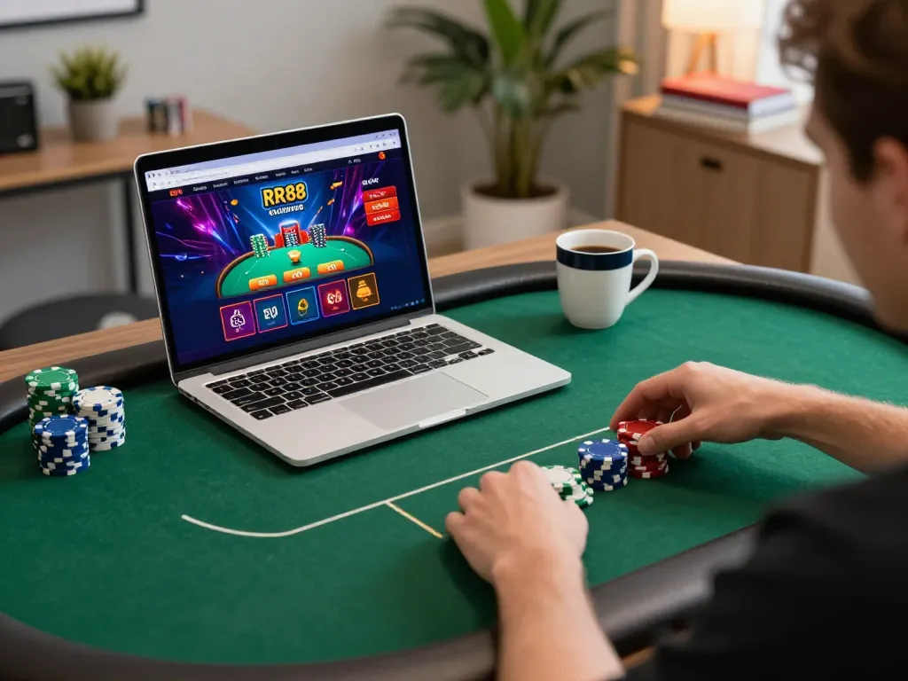 RR88 online poker session showcasing a player engaged in a strategic game at home.