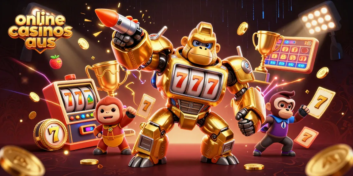 Experience top-tier online casinos aus with an energetic scene featuring a golden gorilla mech and slot elements.