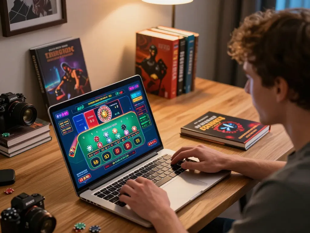 Player engaging with online xx88 casino interface on laptop, surrounding strategy notes visible