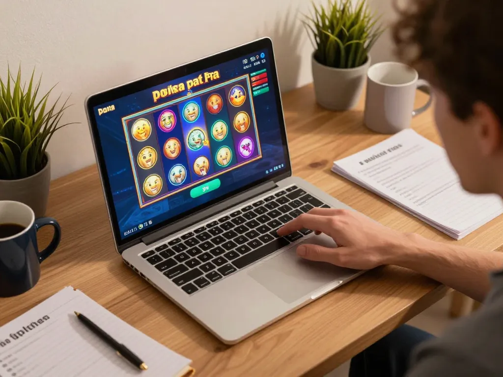 Engaging in slot pulsa gaming from home, with exciting visuals on the laptop
