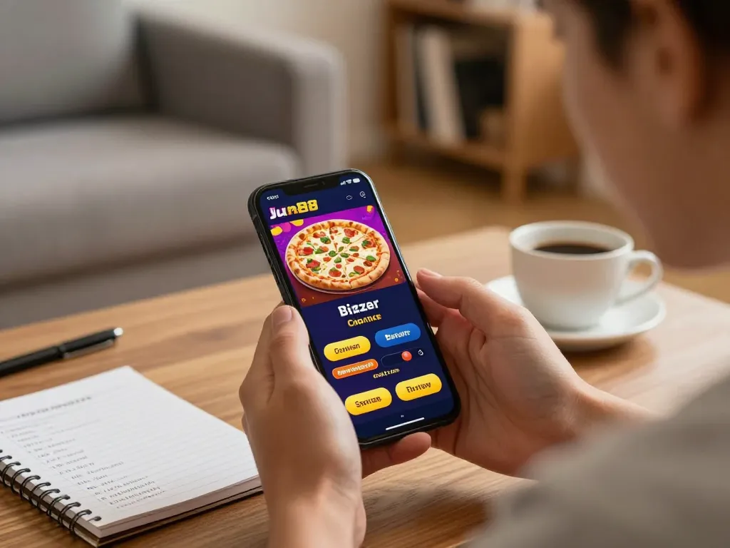 Experience engaging moments at jun88 pizza mobile app showcasing vibrant casino games in a cozy home setting.