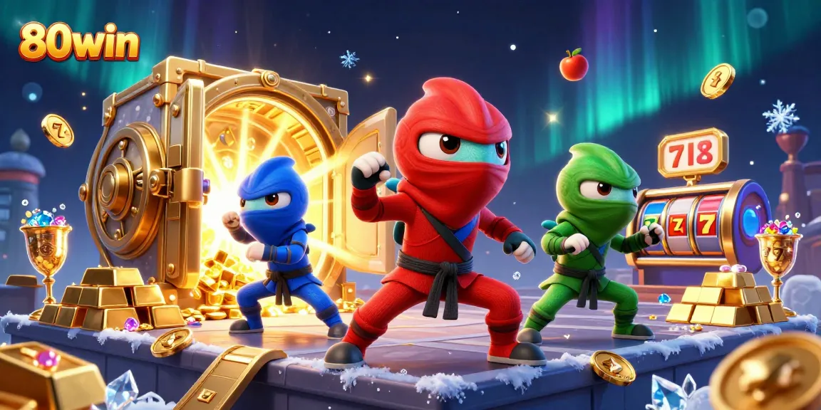 Experience thrilling gameplay at 80win as ninja chameleons celebrate with gold and jewels.