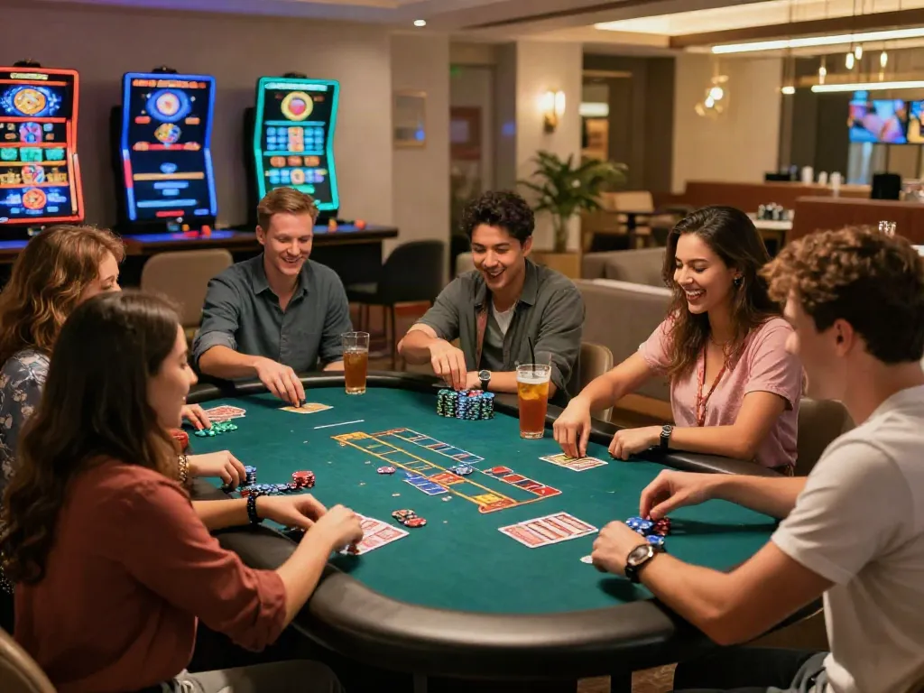 Casino Gratuit sans depot gaming experience with friends around table, vibrant atmosphere and glowing screens.