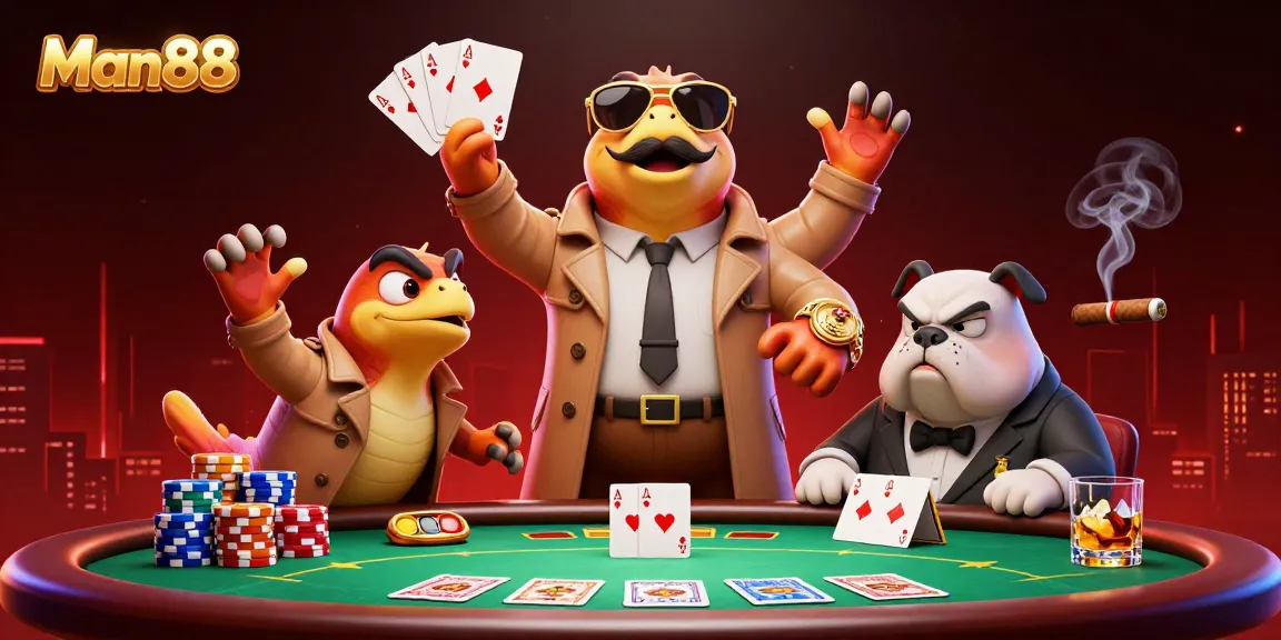 Man88 showcases a comical scene with raptors in a trench coat entering a casino, highlighting poker excitement.