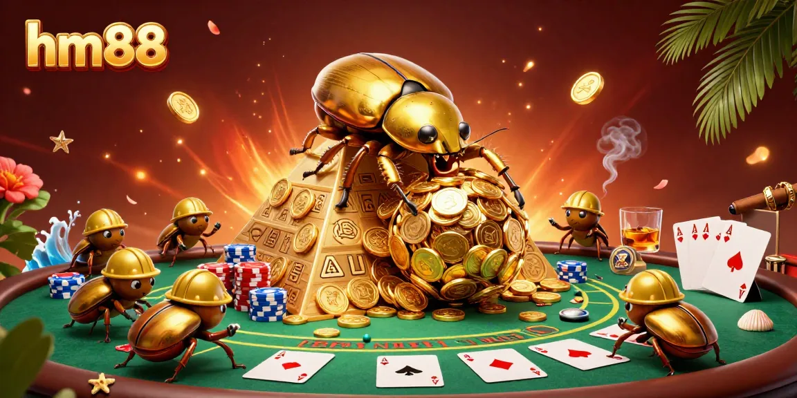 Spin and win big with hm88 as a golden beetle rolls coins at a vibrant online casino scene.