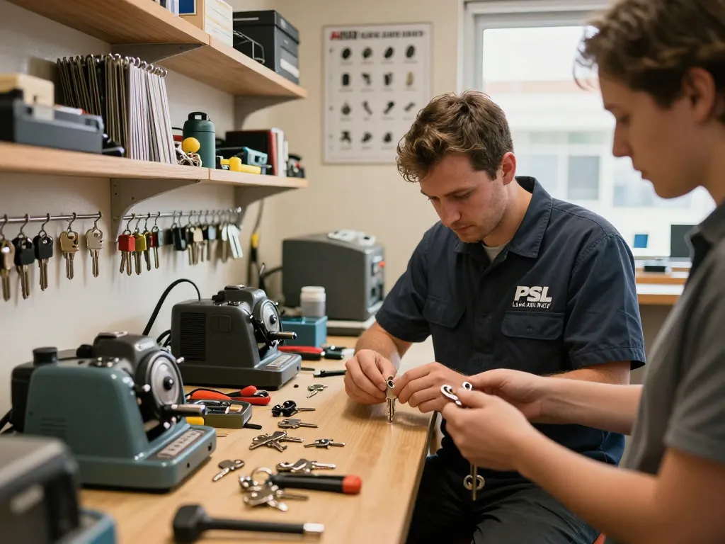 PSL Lock and Key technician working on locks and keys in a warm, inviting workshop.