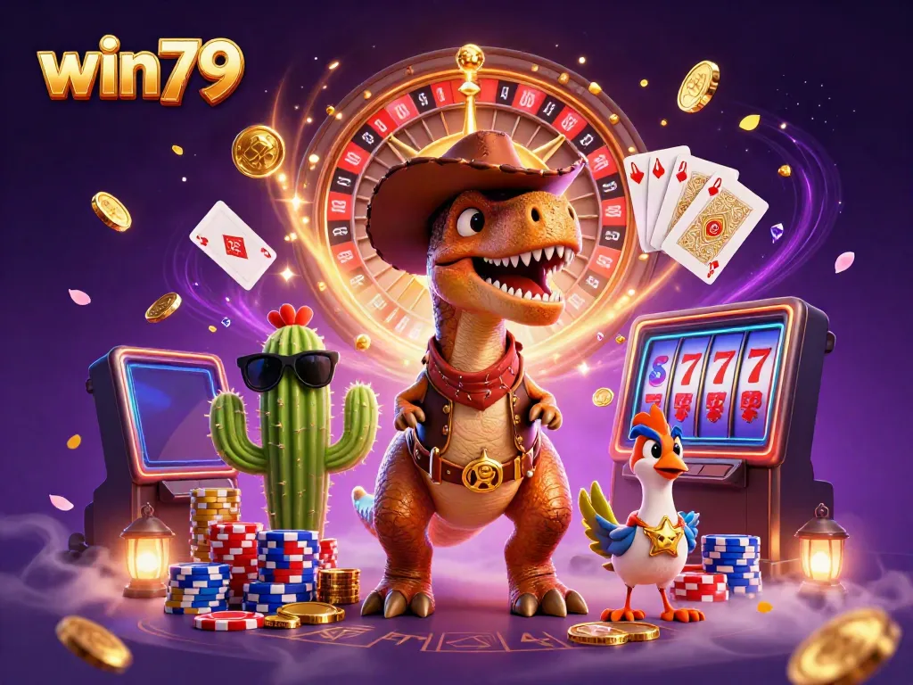 Win79 animated scene featuring a cowboy dinosaur, cactus character, and roadrunner with casino elements.