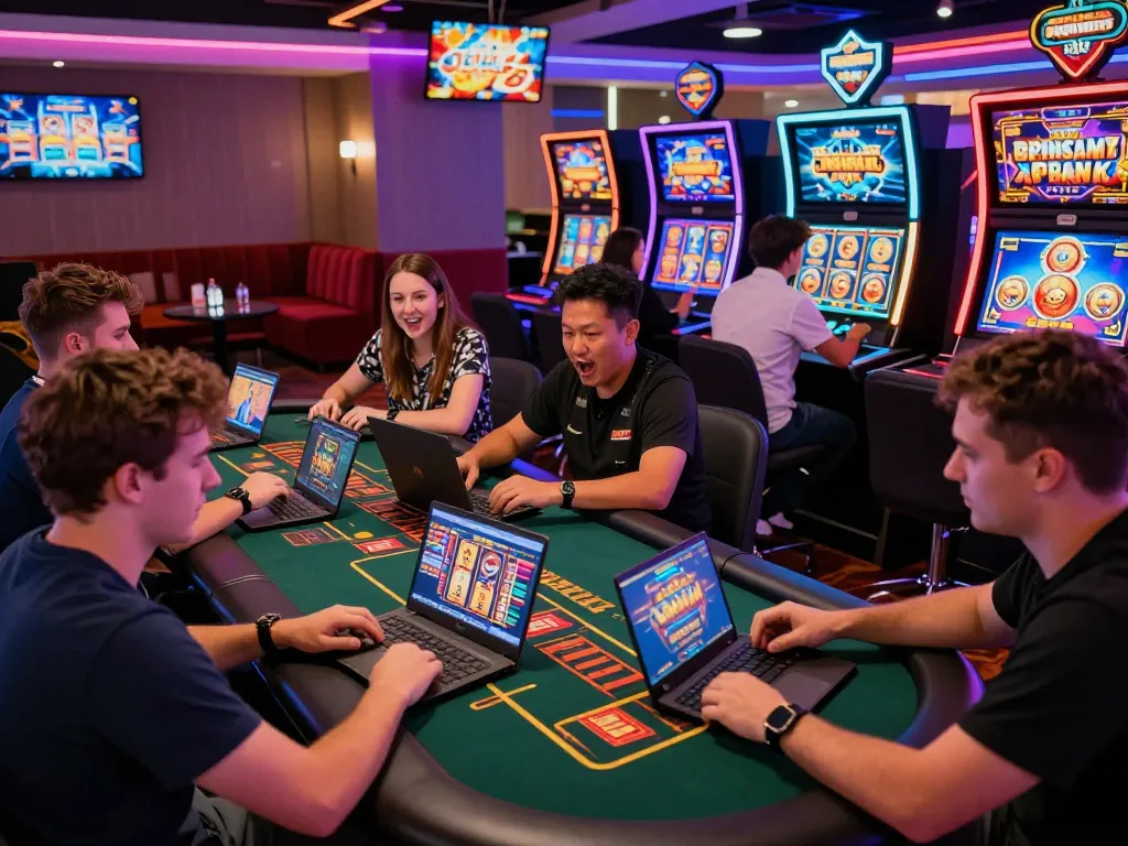Exciting MM88 online casino scene with players enjoying games and vibrant decor.