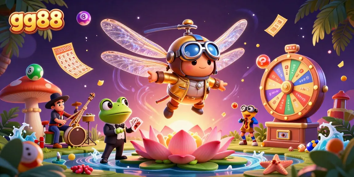 gg88 casino illustration with a helicopter pilot, croupier, and jazz musicians creating excitement.