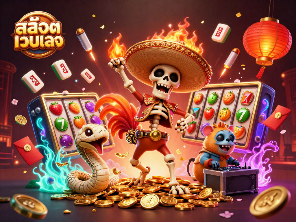 Experience thrilling สล็อตเว็บตรง action with vibrant slot reels and festive characters celebrating wins.
