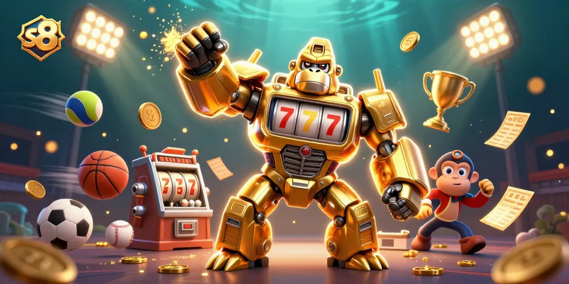 Experience the excitement of s8 with a dynamic 3D illustration featuring a golden gorilla mech spinning reels and sports elements.