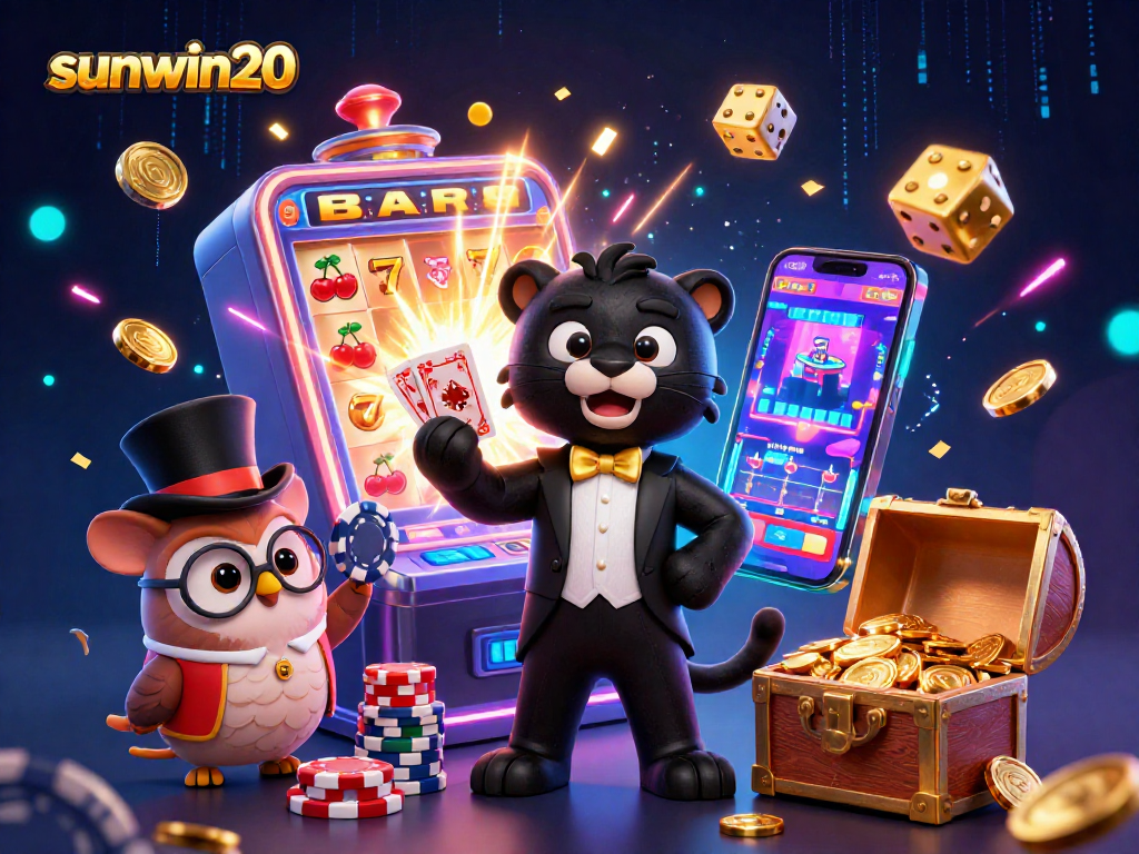Experience thrilling gameplay with sunwin20 as the stylish panther deals cards, surrounded by slot machine excitement.