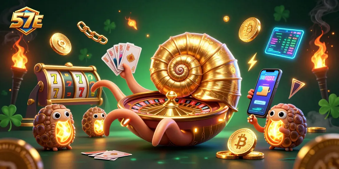 Experience 57E online casino with a dynamic scene of a nautilus roulette wheel and vibrant game elements.