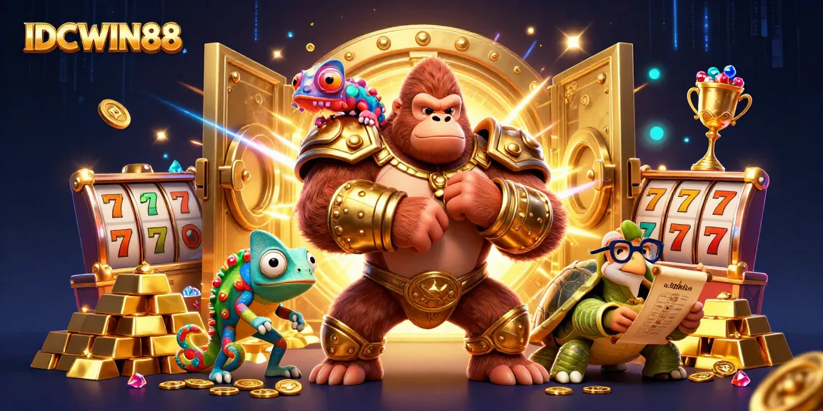 Experience thrilling gameplay with IDCWIN88, featuring a powerful gorilla king and dynamic casino elements.