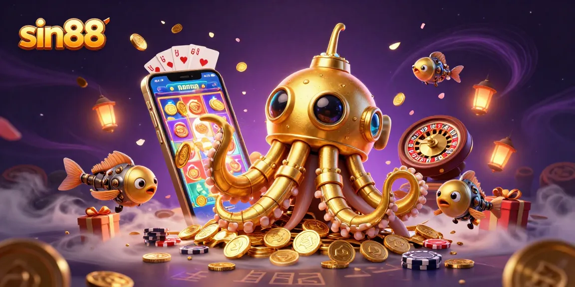 Experience the thrill of sin88 with a dynamic 3D illustration showcasing mechanical fish and a kraken submarine.