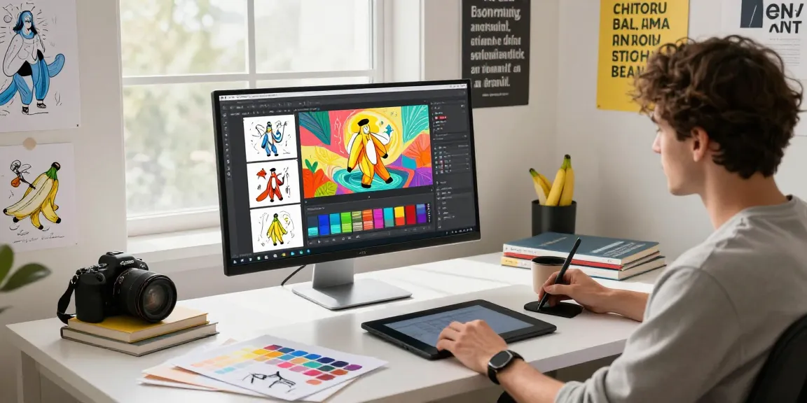 Creative workspace showcasing a digital artist using Nano Banana AI image editor, surrounded by vibrant artwork and design tools.